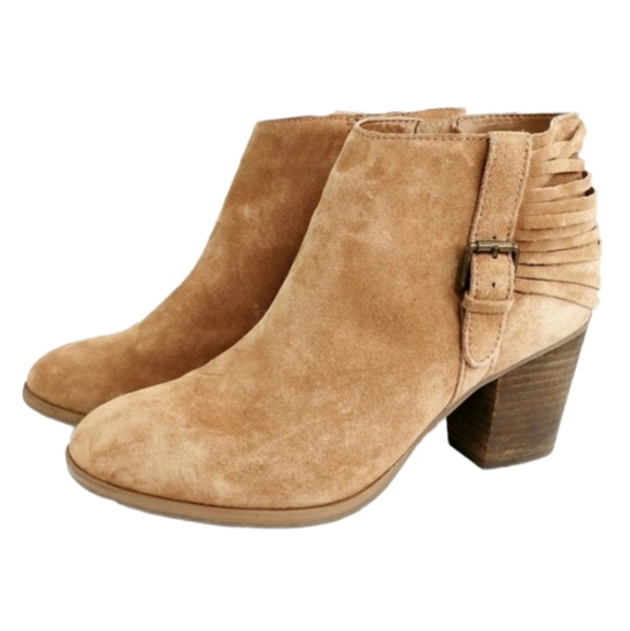Franco Fortini Shoes - Franco Fortini Tan Suede Leather Stacked Heel Ankle Booties Women's Size 8.5